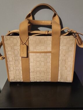Coach Beige Signature Canvas Smith Tote with Tan Accents